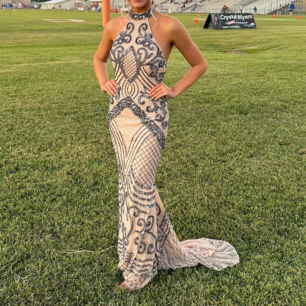 100% CUSTOM Made Tan Sequin Halter Prom Gown